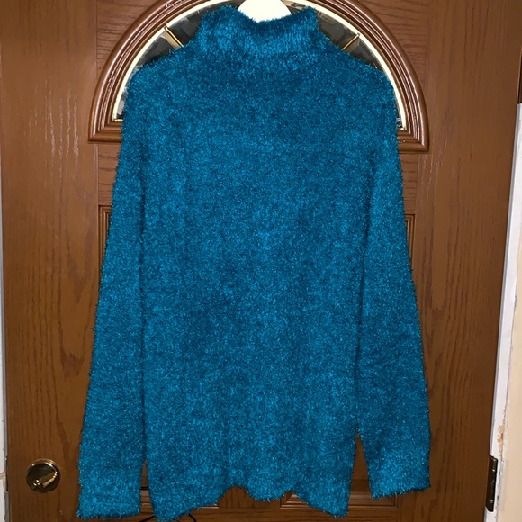 Molly & Isadora Vita Turtleneck Fuzzy Knit Pullover Sweater In Dark Teal - Picture 11 of 16